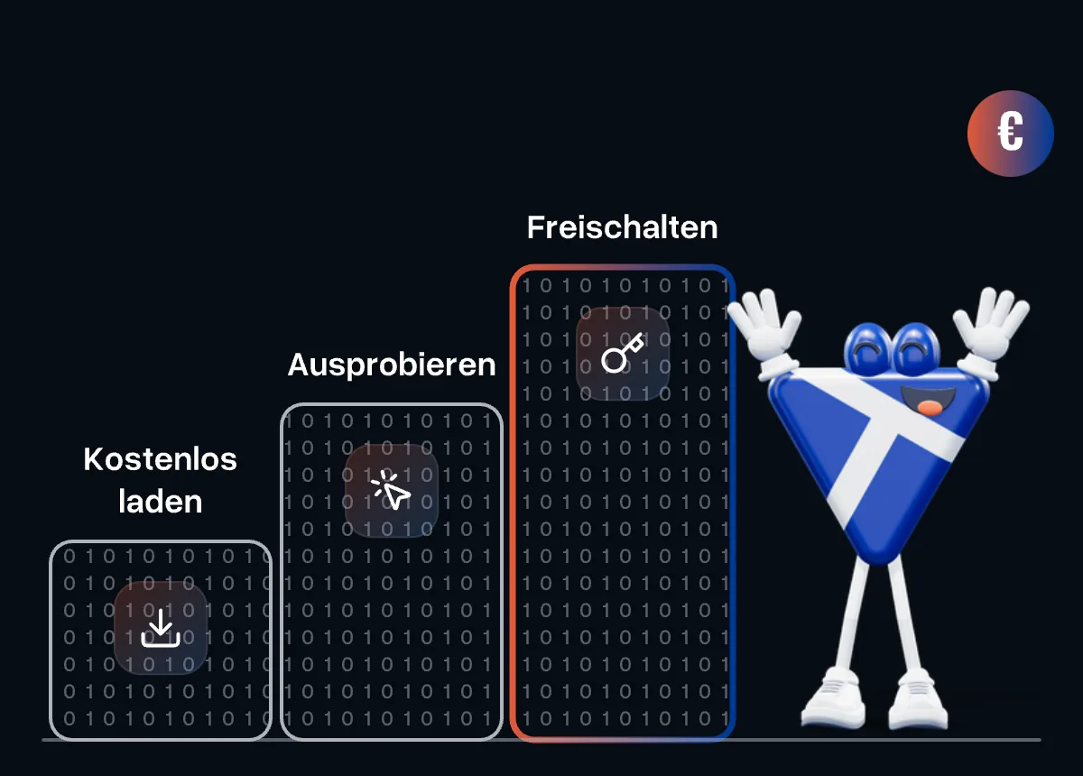 Drei Stufen: kostenlos laden, ausprobieren, freischalten - oben jubelt das Maskottchen neben einer Münze