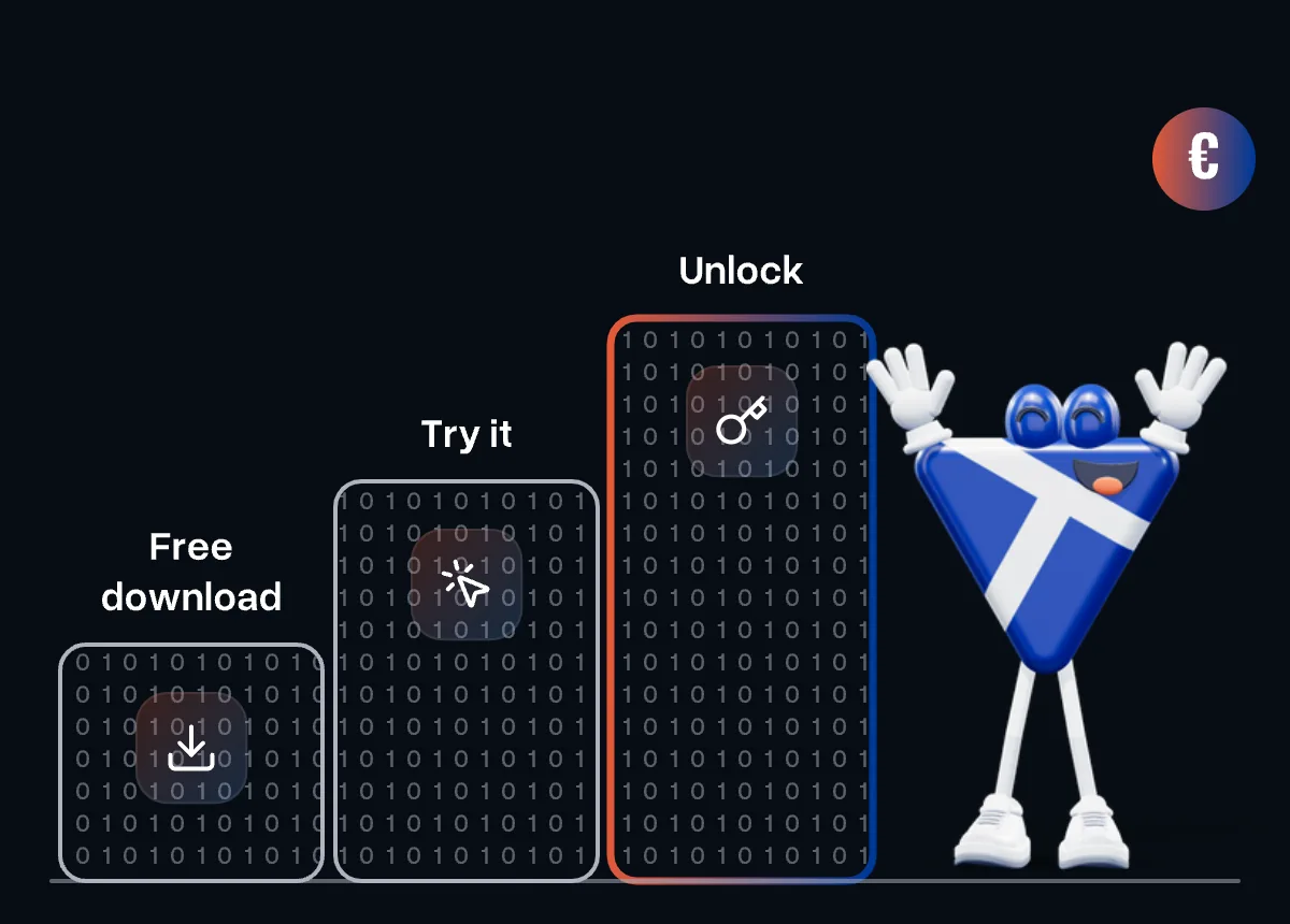 Three steps: free download, try it, unlock - at the top the mascot cheers next to a coin