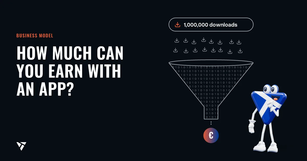How much can you earn with an app?: A million downloads fall into a funnel and a single coin comes out; the mascot ponders