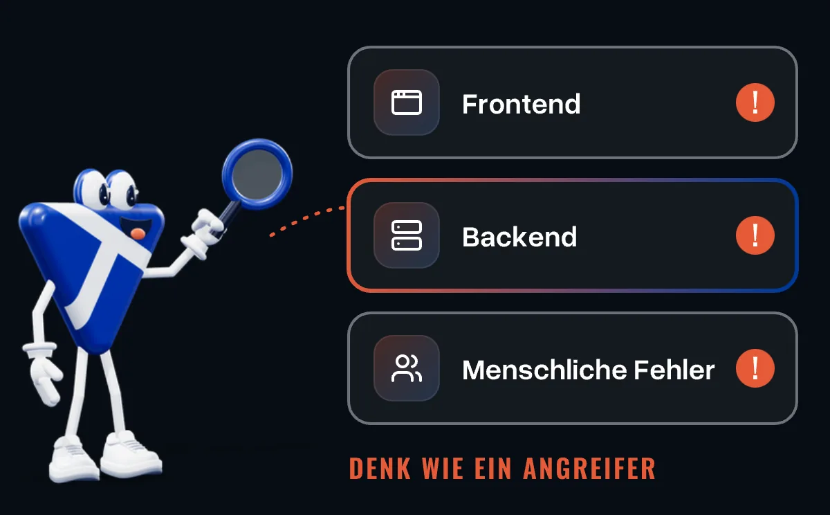 Das Maskottchen prüft mit der Lupe drei Ebenen: Frontend, Backend und menschliche Fehler, jede mit einer markierten Schwachstelle