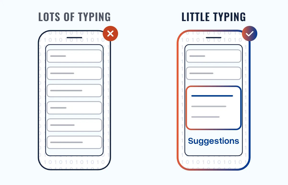 Two phones: left six input fields and lots of typing, right two fields with suggestions