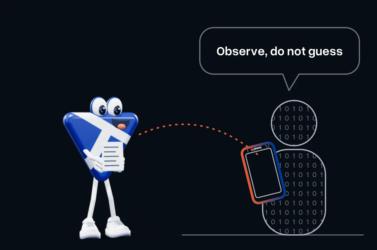 The mascot watches a person using a phone, notepad in hand: observe, do not guess