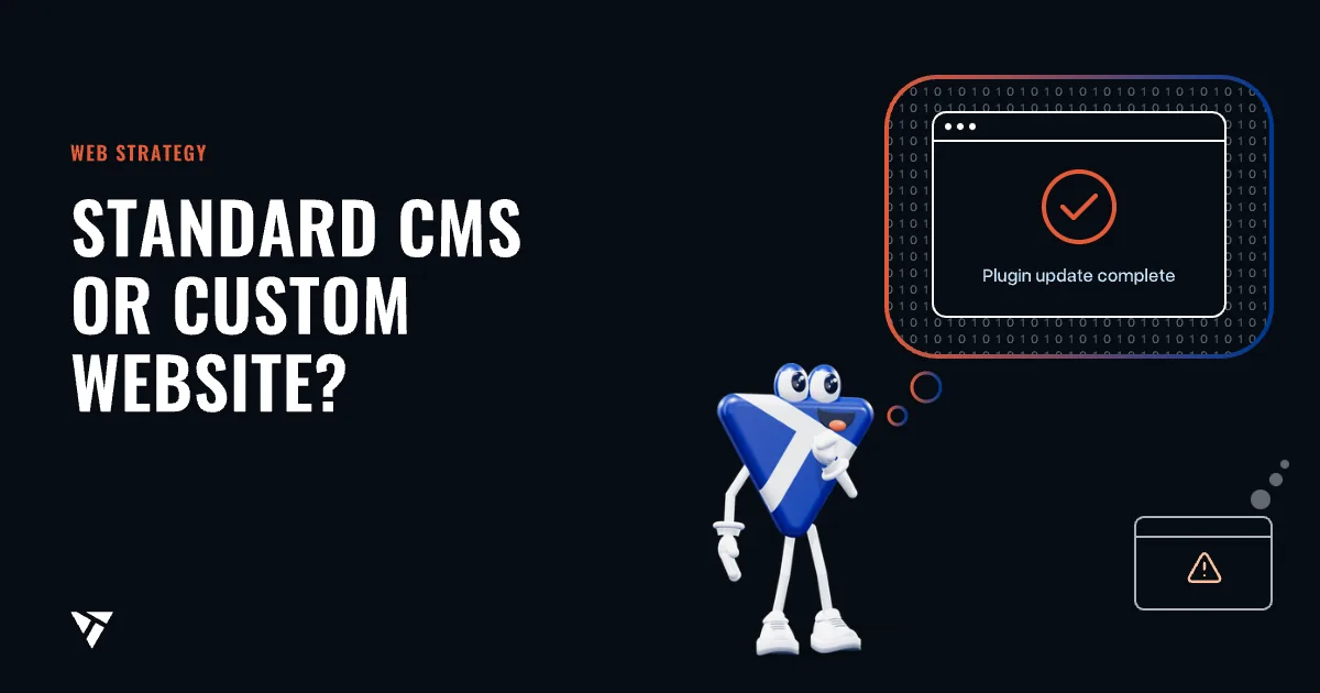 Standard CMS or custom website?: The mascot dreams of a plugin update without side effects, in the corner a website with a warning sign