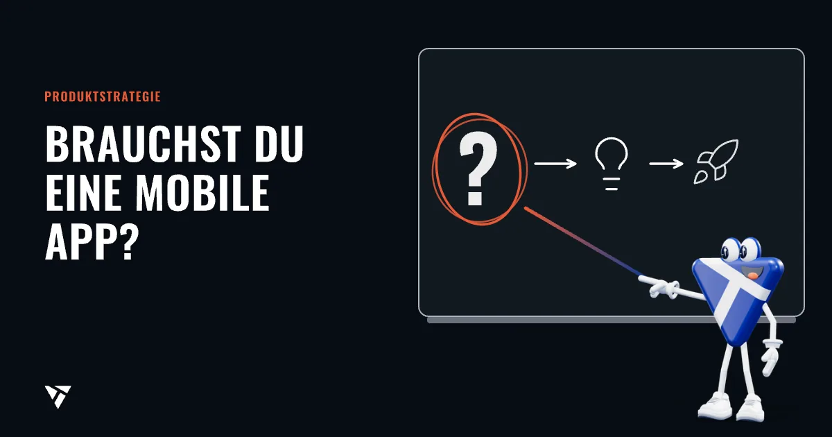 Brauchst Du eine mobile App?: Das Maskottchen mit Krawatte zeigt an der Tafel auf ein eingekreistes Fragezeichen vor Glühbirne und Rakete