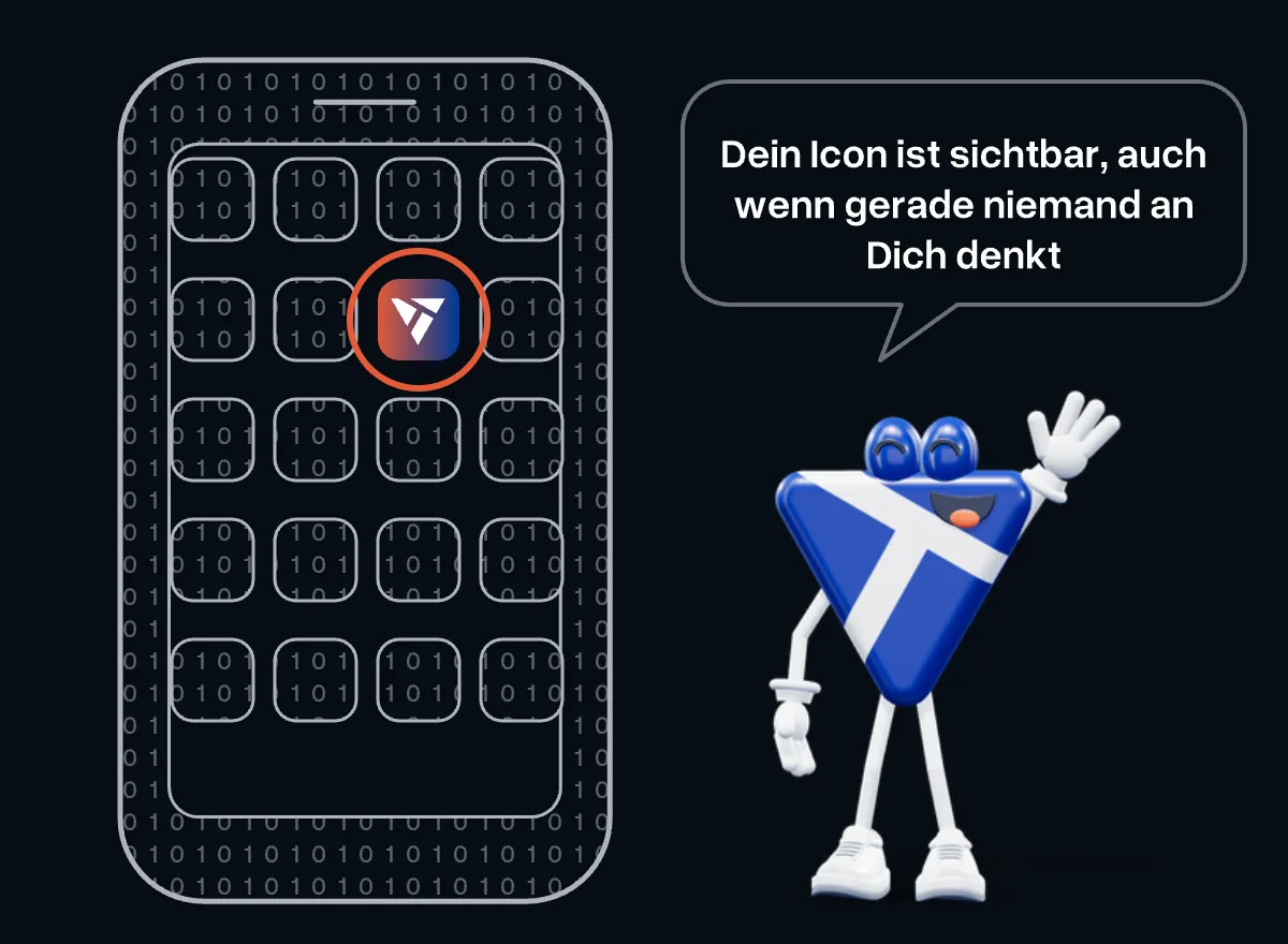 Ein Handy-Startbildschirm mit vielen App-Icons, eines davon ist das Vitec-Zeichen; daneben winkt das Maskottchen