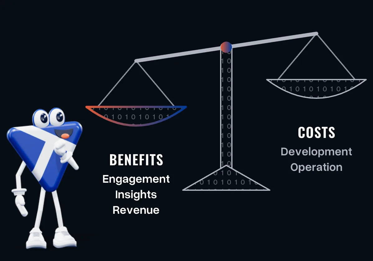 A balance: benefits of engagement, insights and revenue outweigh the costs of development and operation; the mascot ponders