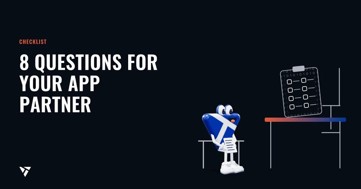 8 questions for your app partner: The mascot sits on the candidate stool holding its CV, across the desk a clipboard with eight boxes