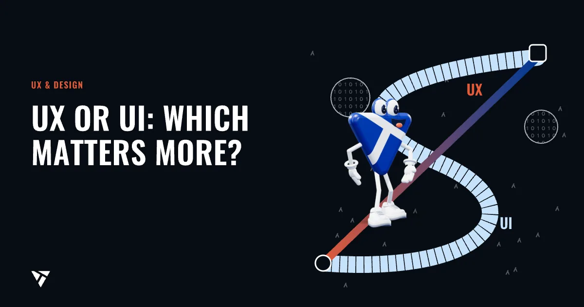 UX or UI: which matters more?: Top-down: a paved winding path (UI) and a straight shortcut (UX) the mascot walks on